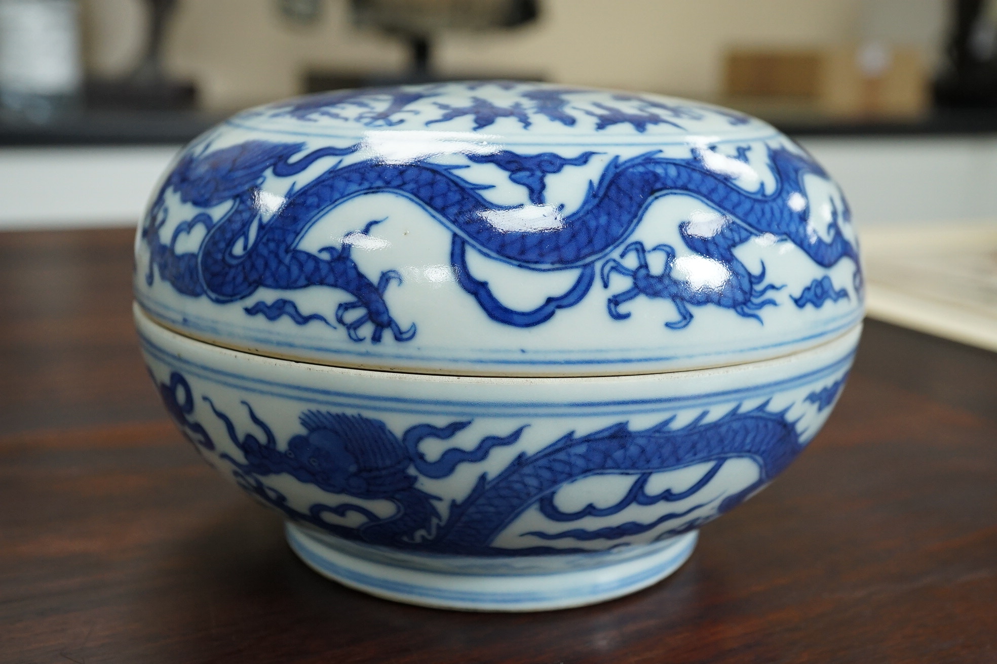 A Chinese blue and white ‘dragon’ box and cover, Jiajing six character mark, 19th century
